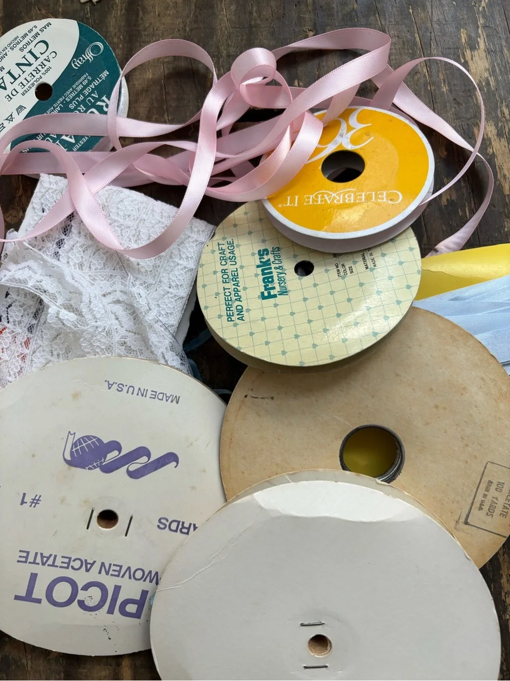 Vintage lot of Mixed Satin Ribbons and White Lace Trim Bundle Destash